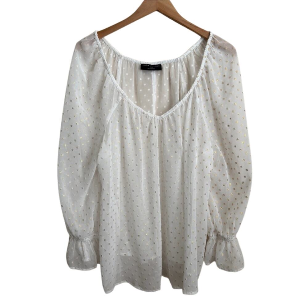 Lane Bryant Metallic Swiss Dot Peasant Blouse 14/16 White Gold Sheer Boho Top - Picture 2 of 10